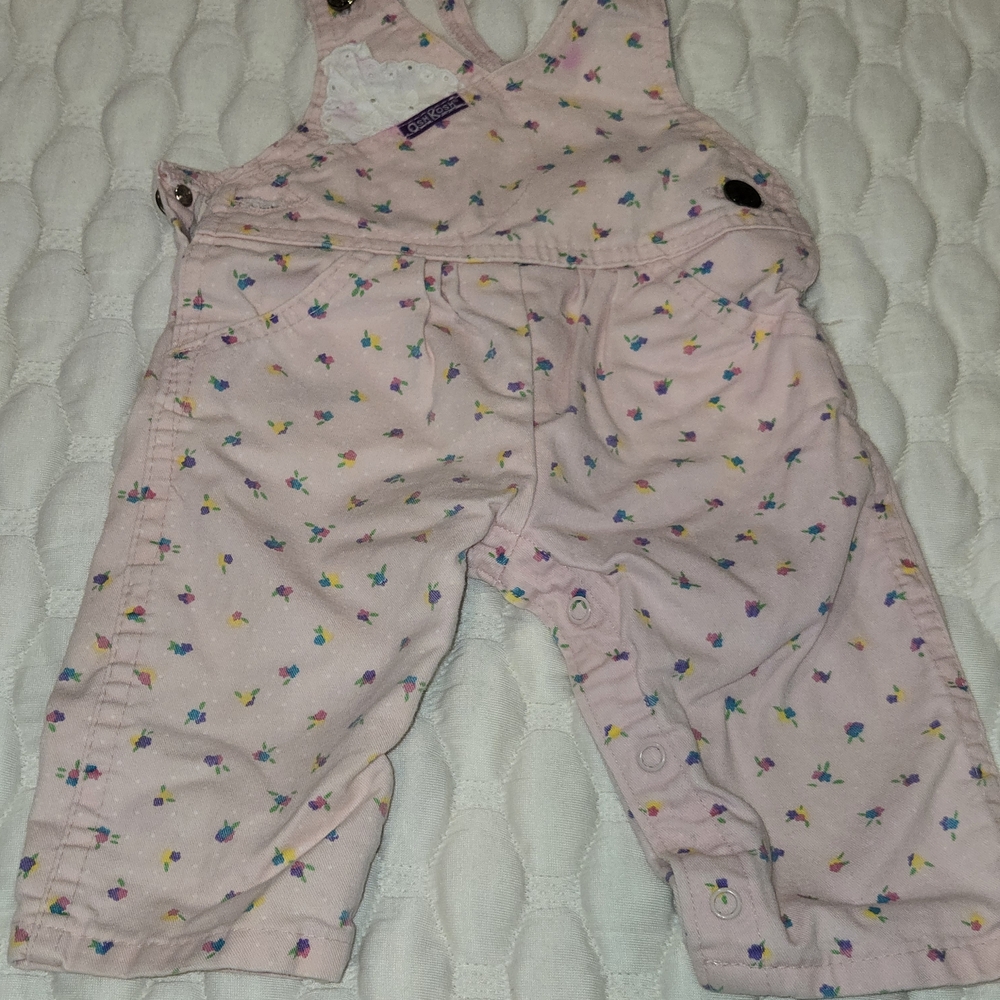 Oshkosh Baby Girl Vintage Overalls Pink Floral Long Pant Button Size 3 To 6mth